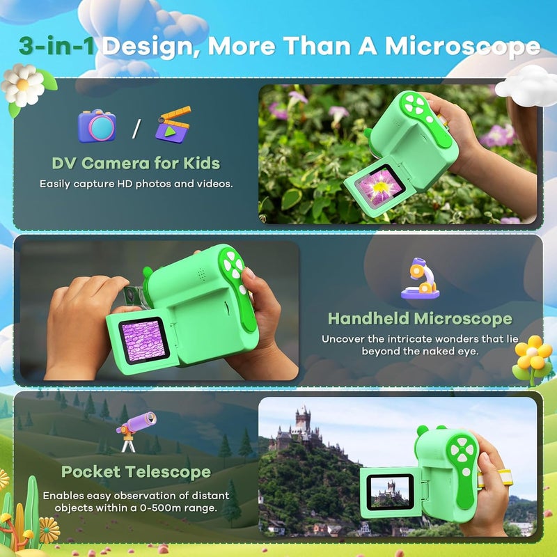 Hideal HP60 IPS Microscope for Kids: [Auto On & Off] [3-in-1] 2" Portable Handheld Microscope Miniscope, Pocket Mini Scope Educational Science Kit, Christmas Birthday Gifts for Kids, PC View, Green - Image 3